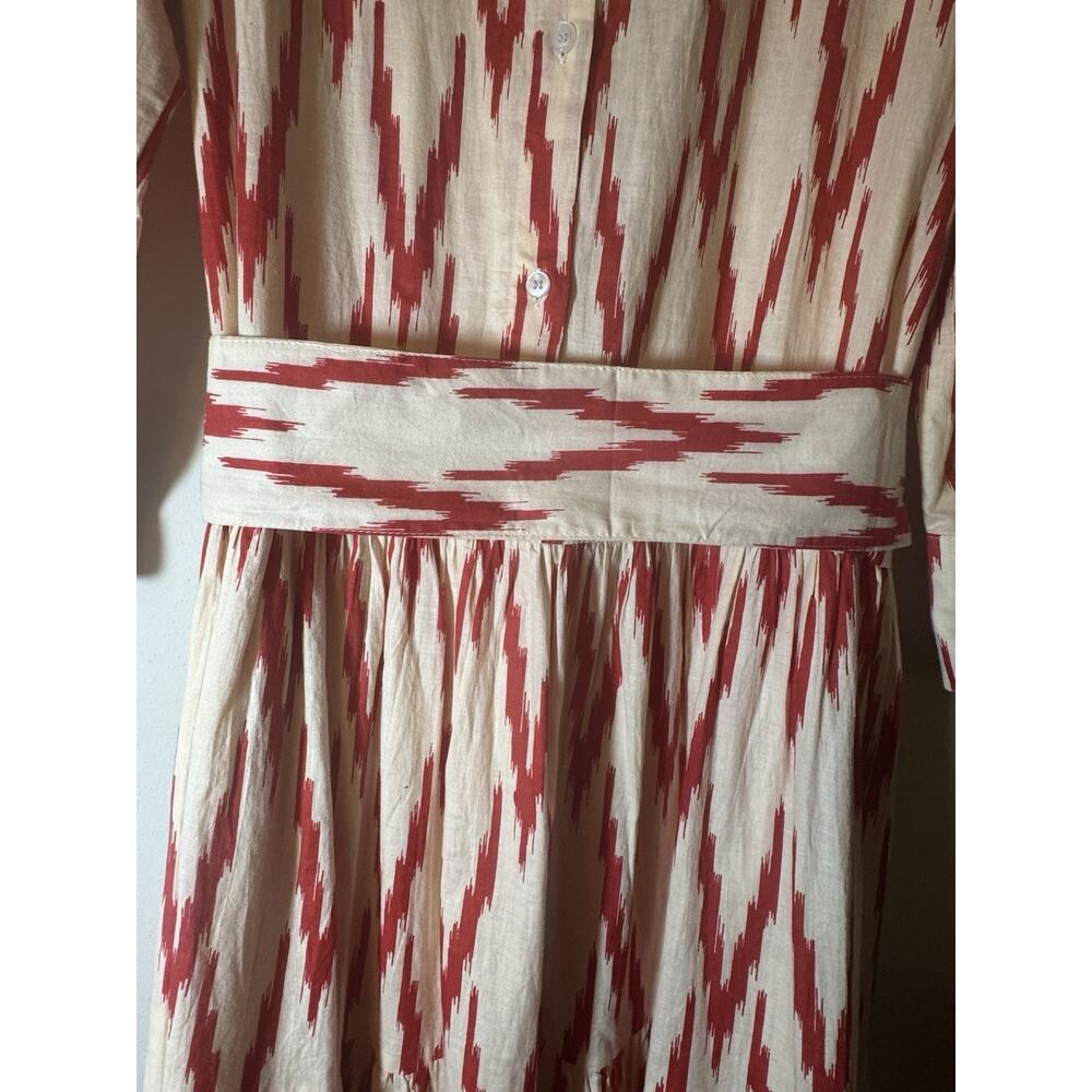 Guadalupe SZ Large Meredith Red Ikat Dress drop waist 1/4 button Cottagecore - Picture 5 of 11